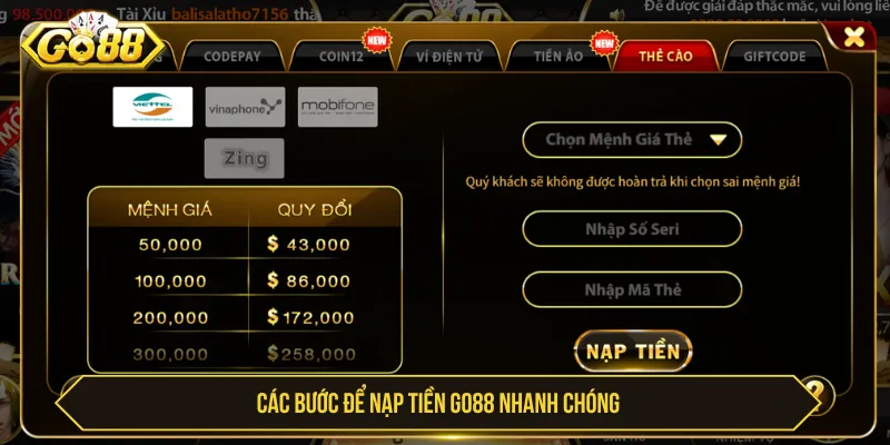 Nạp Tiền Go88 Nhanh Chóng Với Hướng Dẫn Chi Tiết Và An Toàn Nhiều phương thức thanh toán được Go88 hỗ trợ